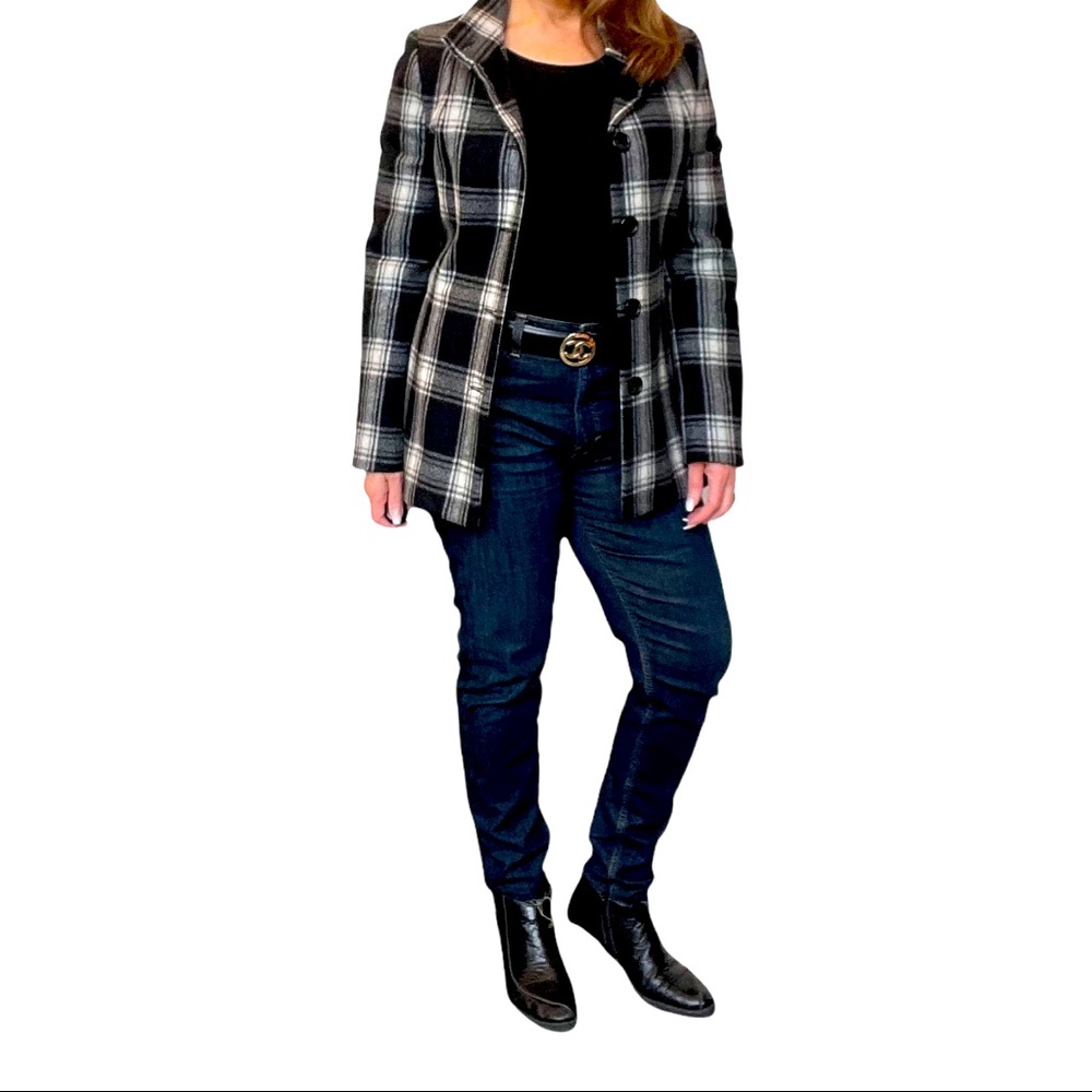 Wool blend window pane plaid button down coat